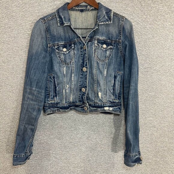 American Eagle Jean Jacket Women Size M Blue Cropped Cotton Pocket Denim - Picture 11 of 12